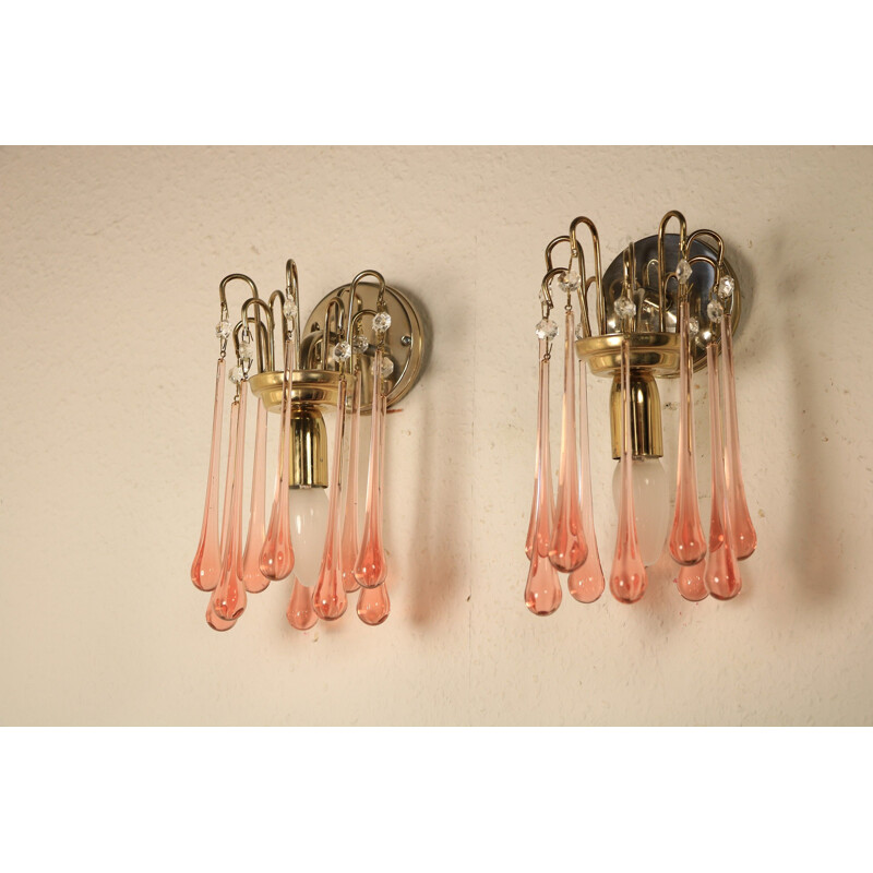 Pair of vintage wall lamps with pink Murano glass drops, 1970s