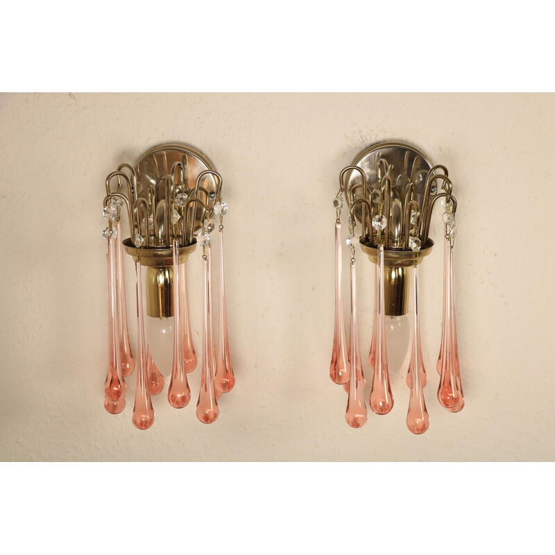 Pair of vintage wall lamps with pink Murano glass drops, 1970s