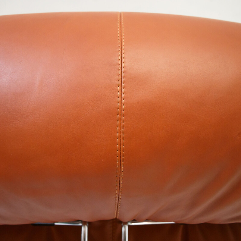 Vintage Soriana cognac leather armchair with ottoman by Afra and Tobia Scarpa for Cassina, 1970