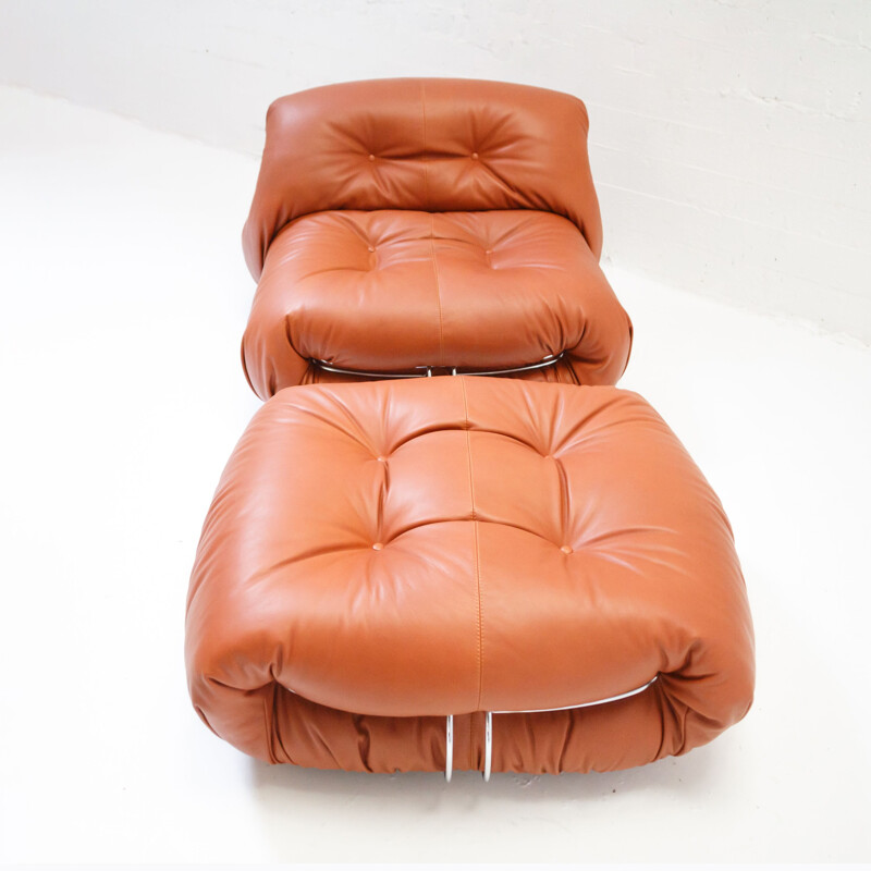 Vintage Soriana cognac leather armchair with ottoman by Afra and Tobia Scarpa for Cassina, 1970