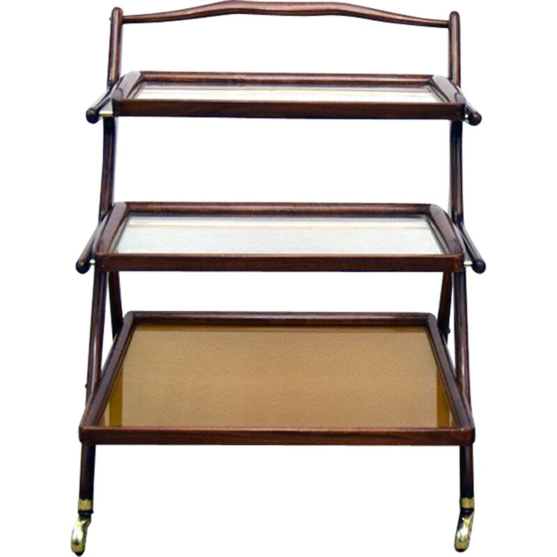 Carrello di servizio vintage in noce e ottone di Cesare Lacca per Cassina, 1950