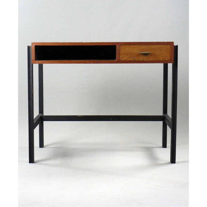 Small desk in black lacquered beech and oak - 1950s