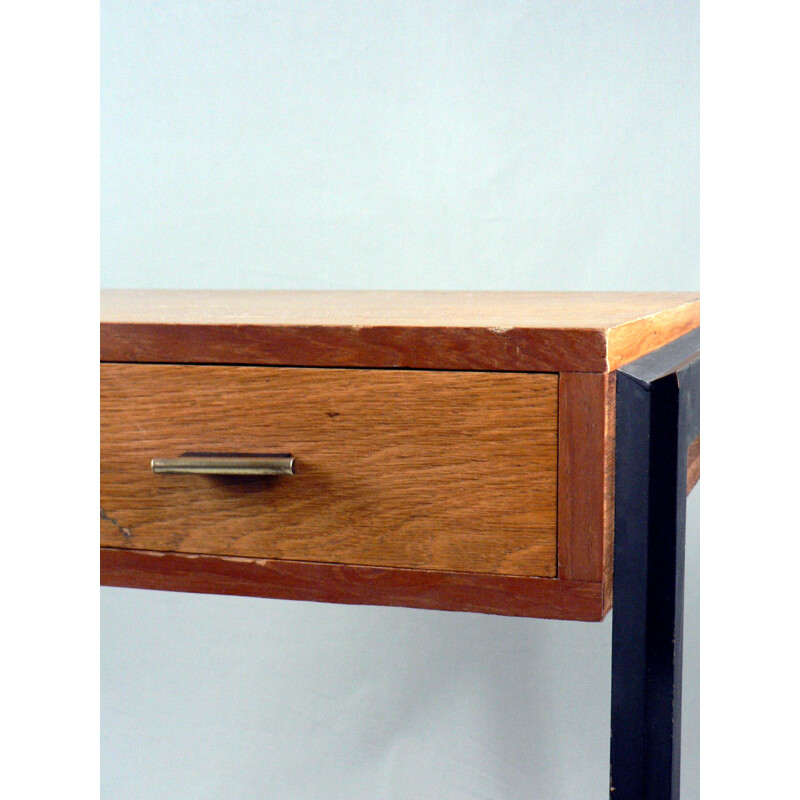 Small desk in black lacquered beech and oak - 1950s