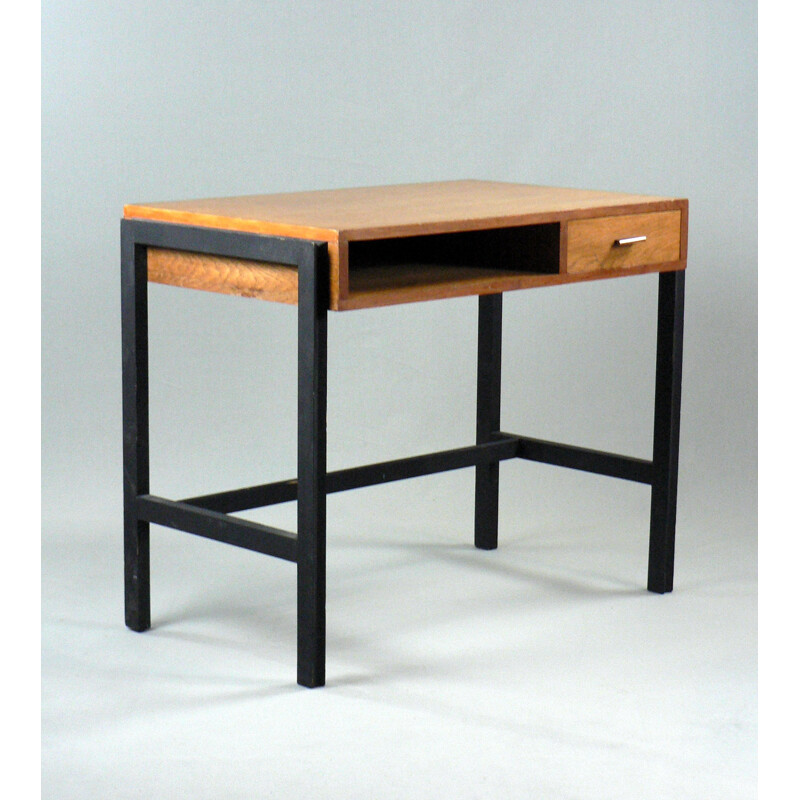 Small desk in black lacquered beech and oak - 1950s