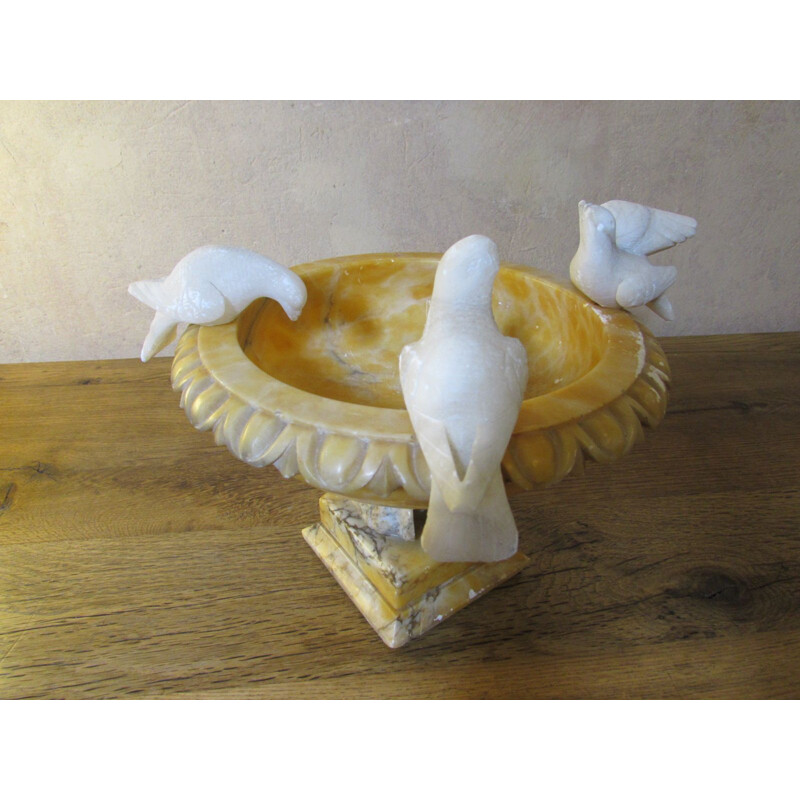 Vintage bird bath with three birds in alabaster