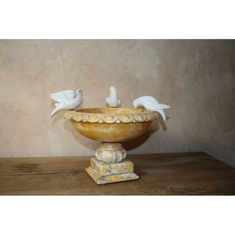 Vintage bird bath with three birds in alabaster