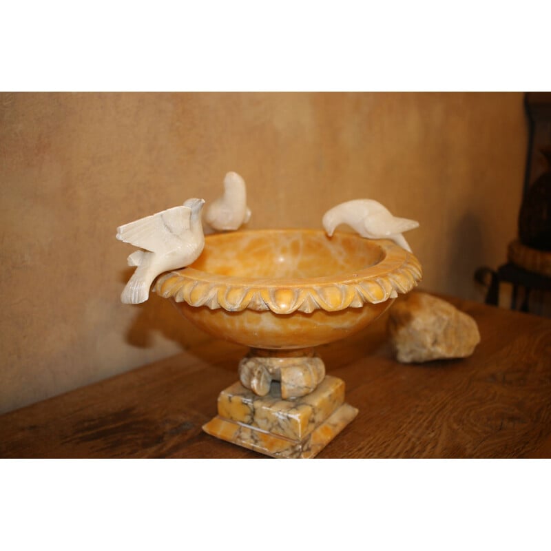Vintage bird bath with three birds in alabaster
