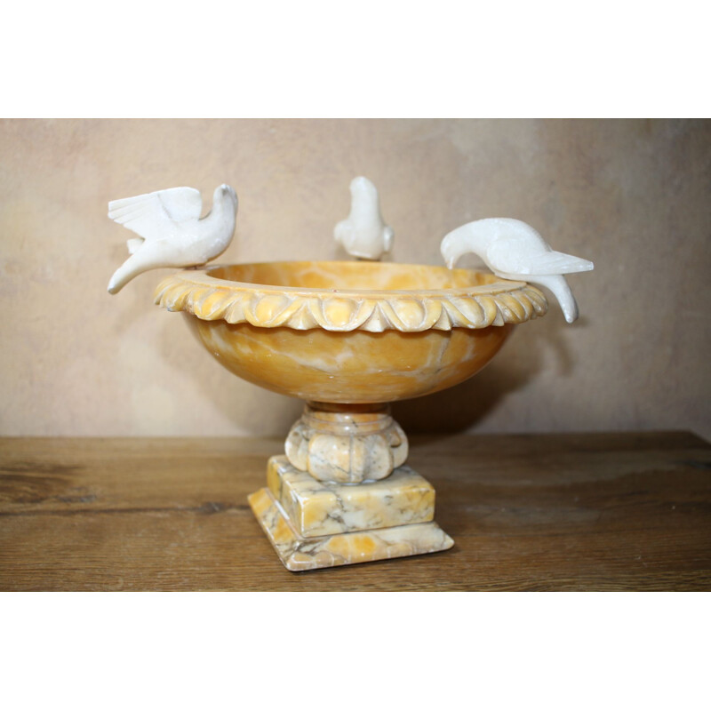 Vintage bird bath with three birds in alabaster