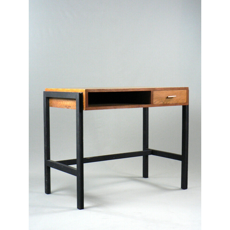 Small desk in black lacquered beech and oak - 1950s