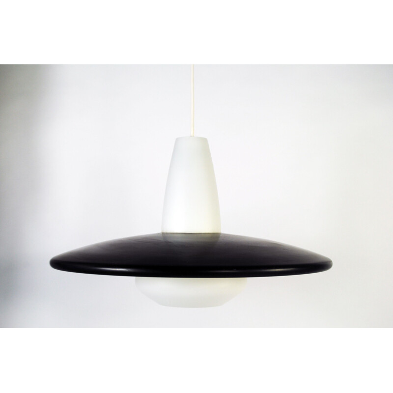 Vintage glass and black metal pendant lamp by Louis Kalff for Philips, 1950s
