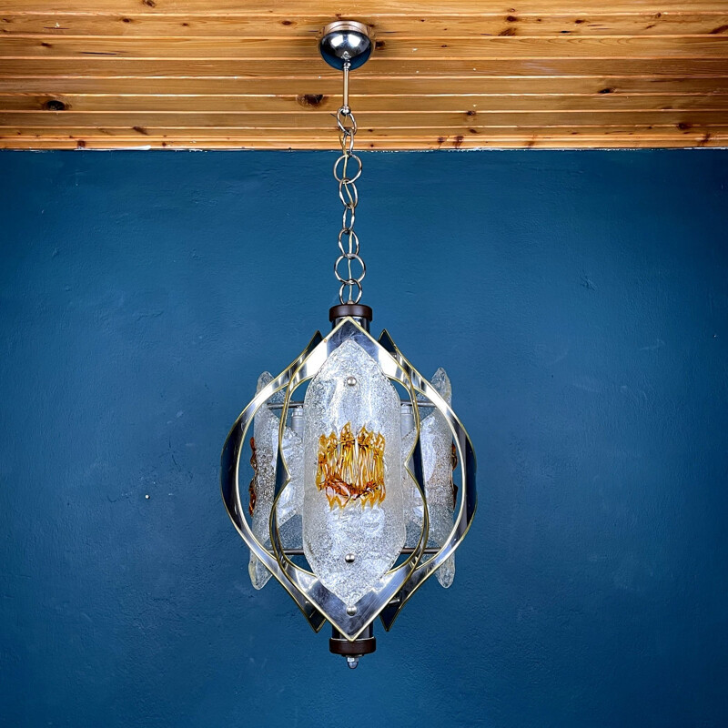 Vintage amber murano chrome chandelier by Toni Zuccheri for Mazzega, Italy 1970