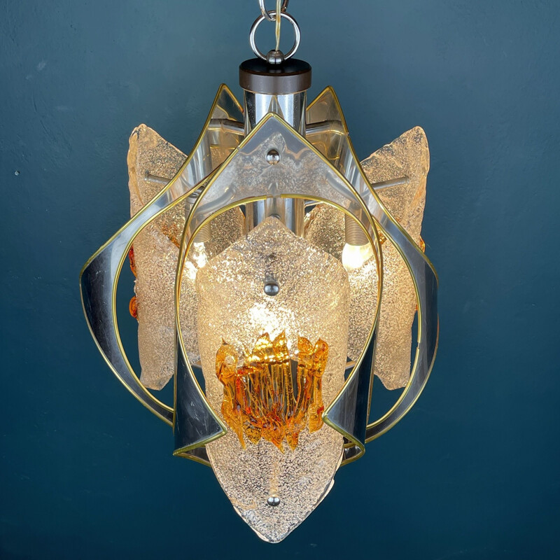 Vintage amber murano chrome chandelier by Toni Zuccheri for Mazzega, Italy 1970