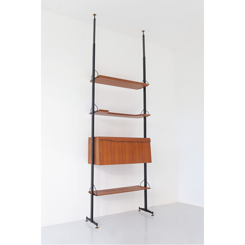 Italian vintage bookcase in teak, iron and brass, 1950s