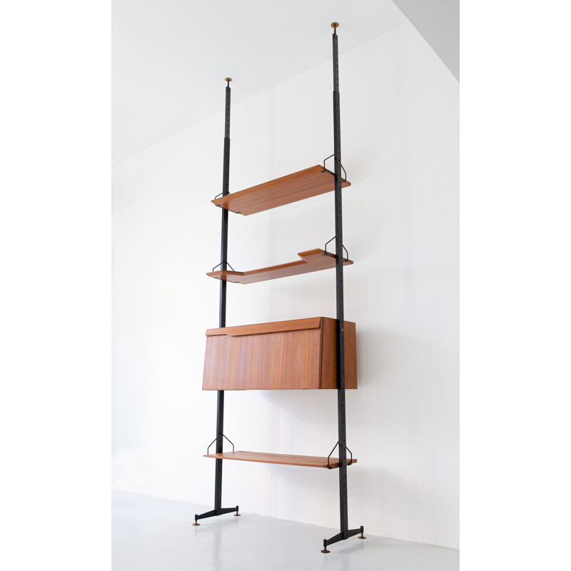 Italian vintage bookcase in teak, iron and brass, 1950s