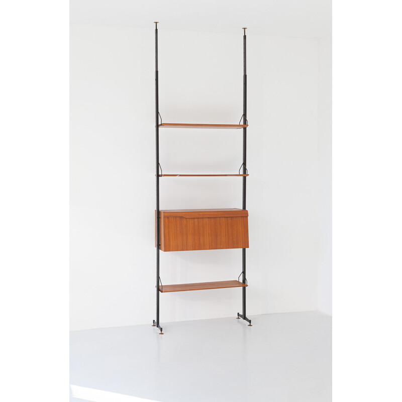 Italian vintage bookcase in teak, iron and brass, 1950s