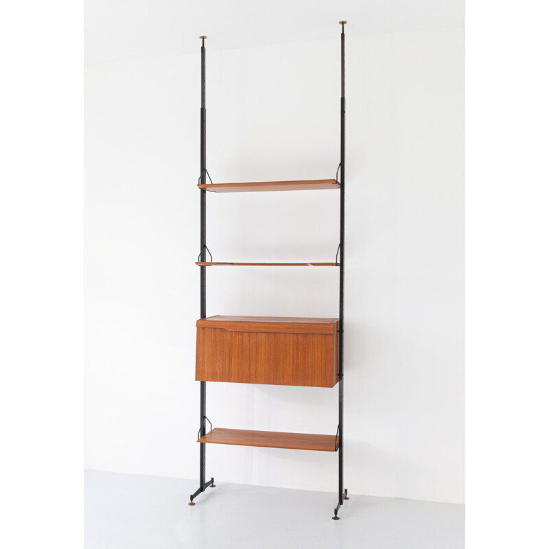 Italian vintage bookcase in teak, iron and brass, 1950s