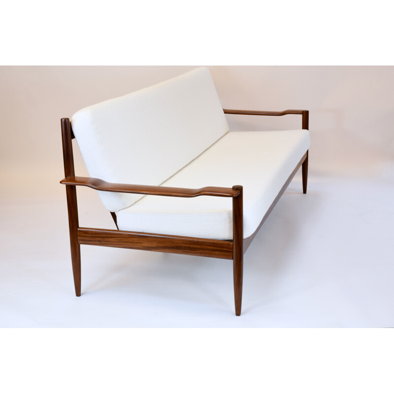 Scandinavian vintage sofa in teak and white linen fabric