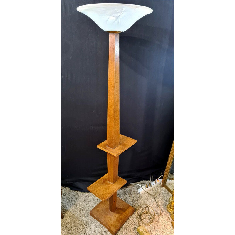 Vintage art deco floor lamp in oak wood