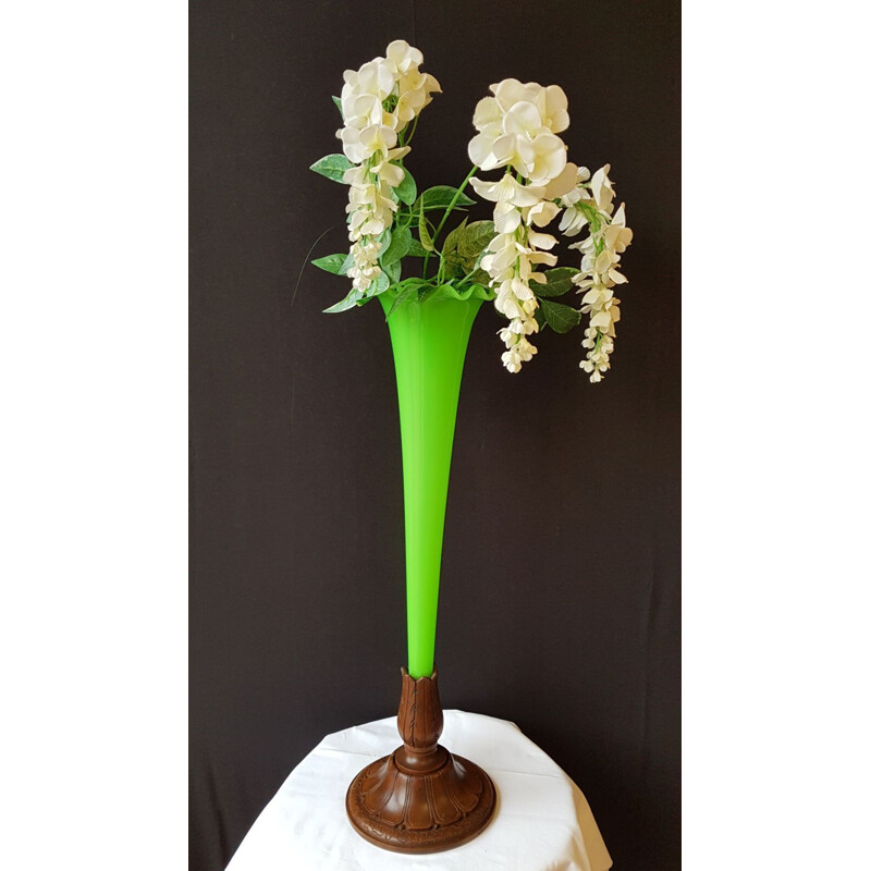 Vintage vase called cornet in green opaline glass
