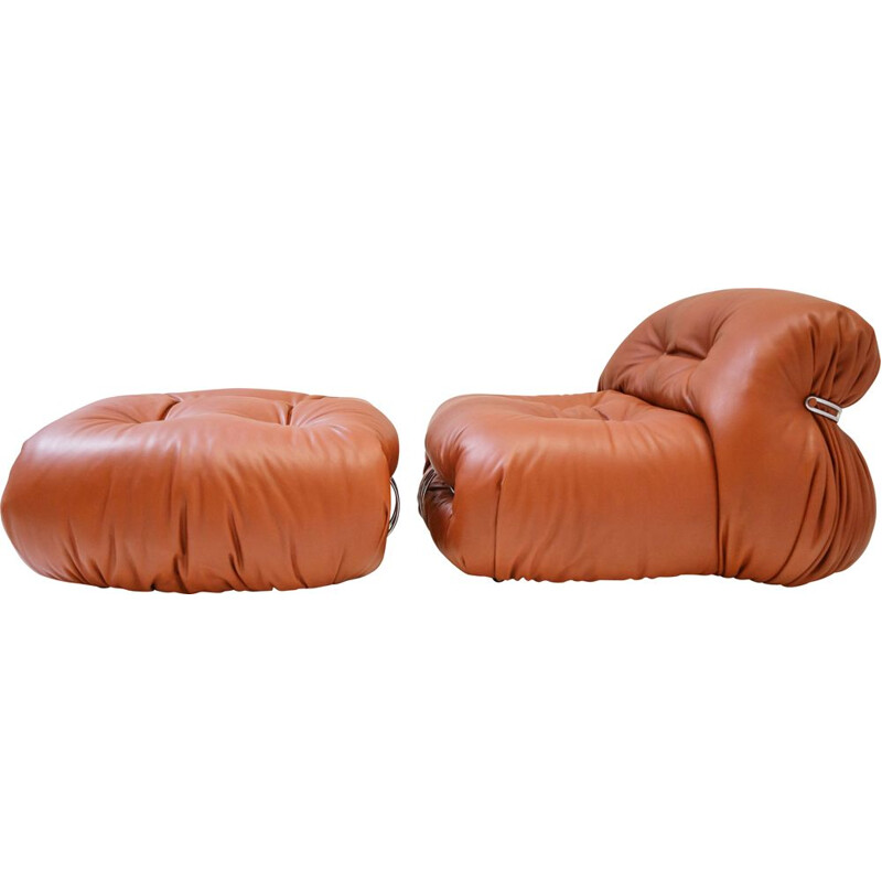 Vintage Soriana cognac leather armchair with ottoman by Afra and Tobia Scarpa for Cassina, 1970