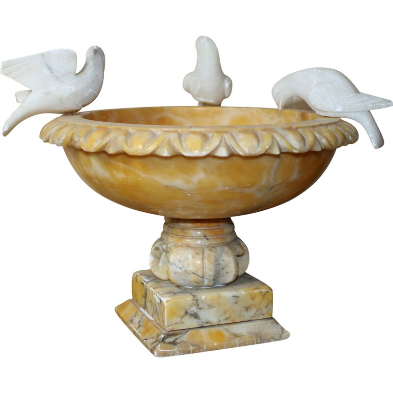 Vintage bird bath with three birds in alabaster