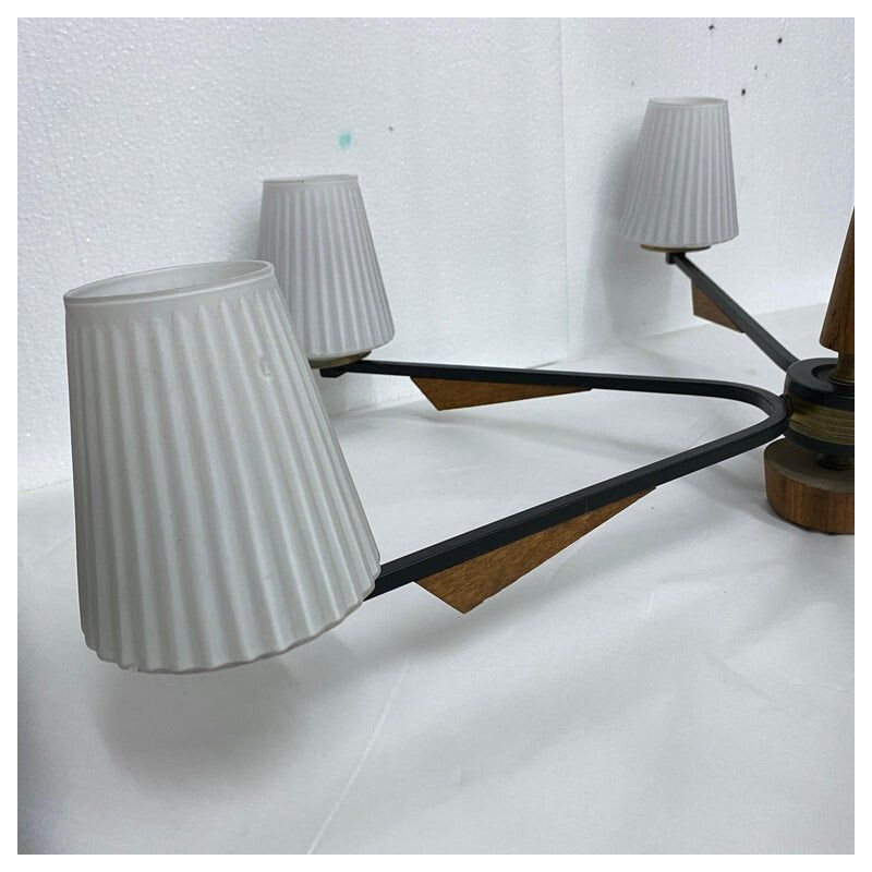 Lampadario italiano d'epoca in ottone e vetro, 1960