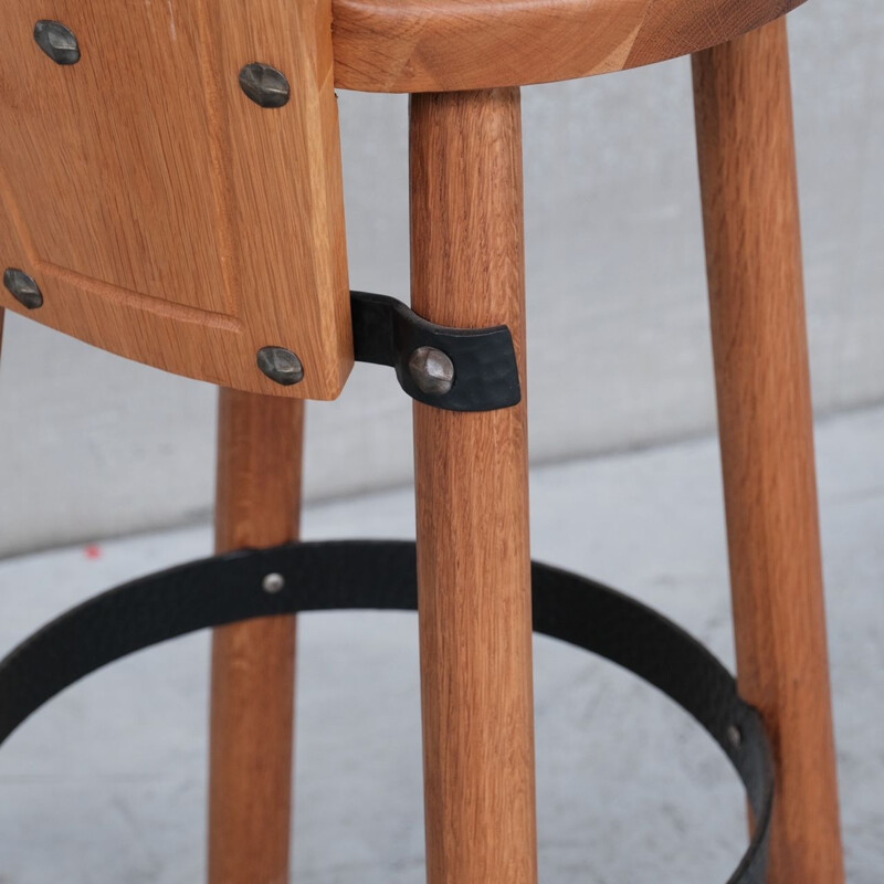 Oakwood and iron mid-century bar stool, Holland 1980s