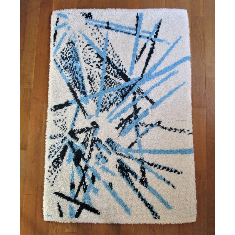 Vintage blue and white rug, 1970