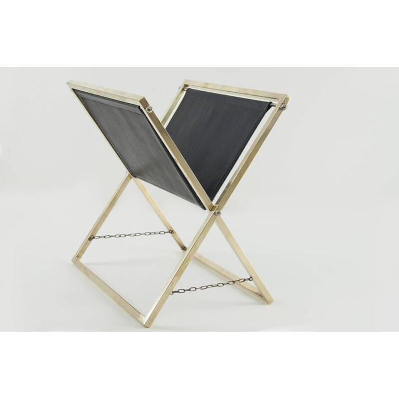 Magazine holder in brass and black leatherette - 1950s