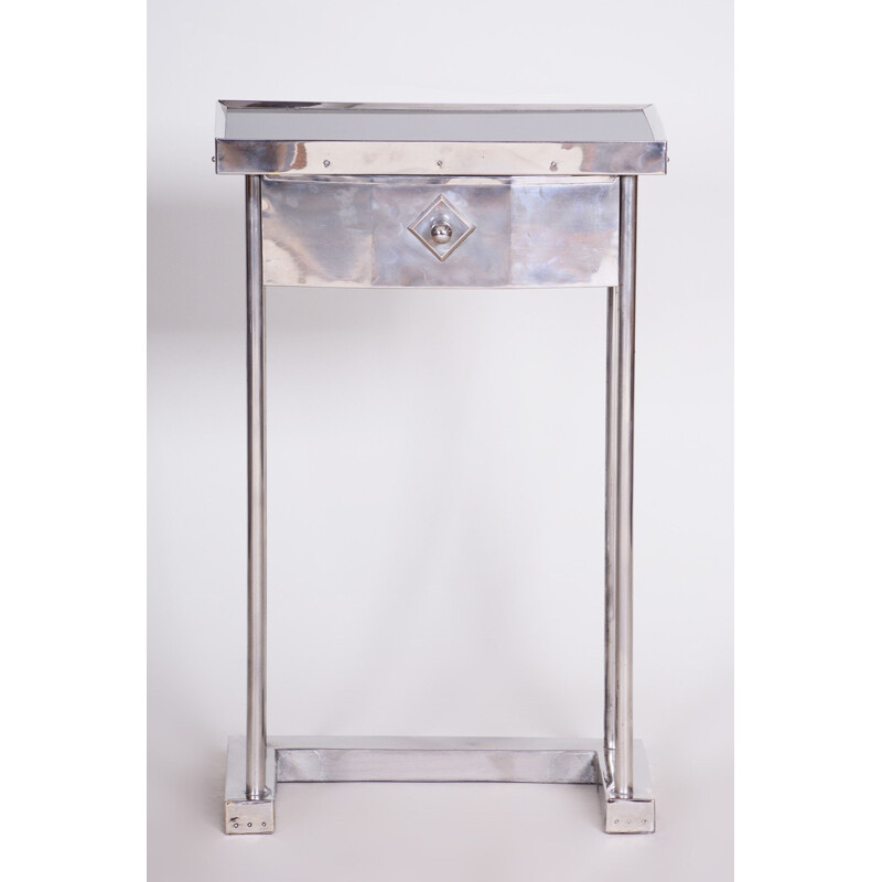 Table console Art déco vintage en acier chromé et verre foncé, 1930