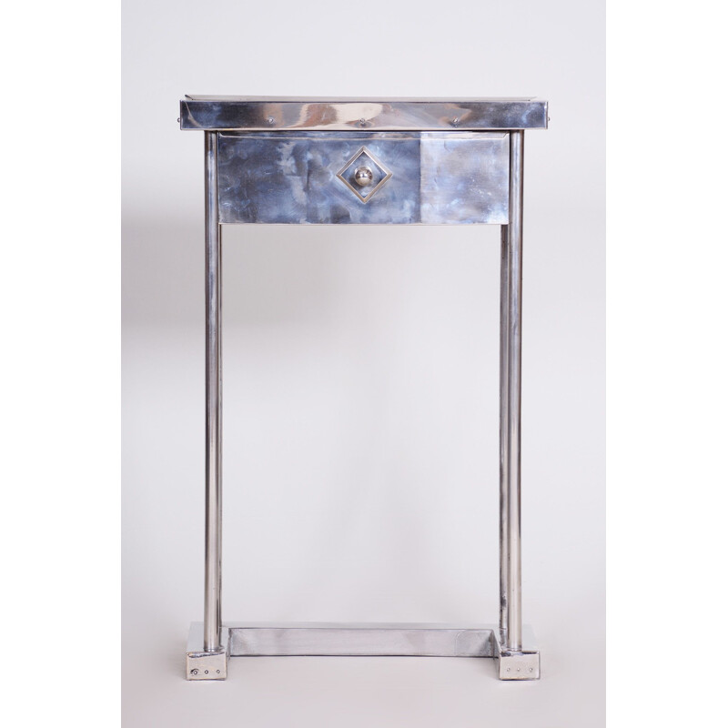 Table console Art déco vintage en acier chromé et verre foncé, 1930