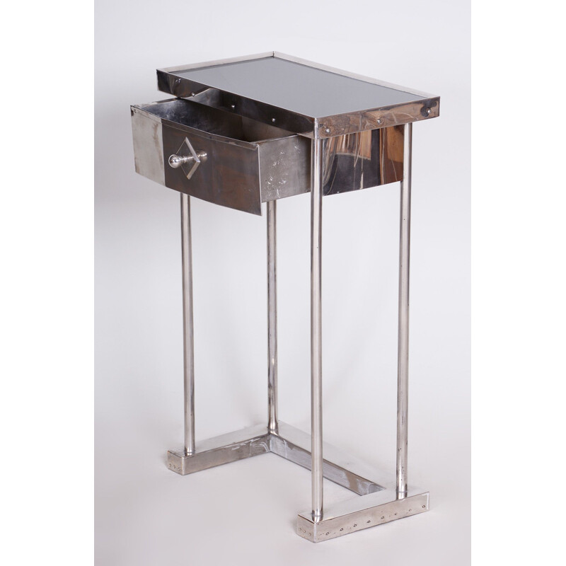 Art Deco vintage console table in chromed steel and darkened glass, 1930s