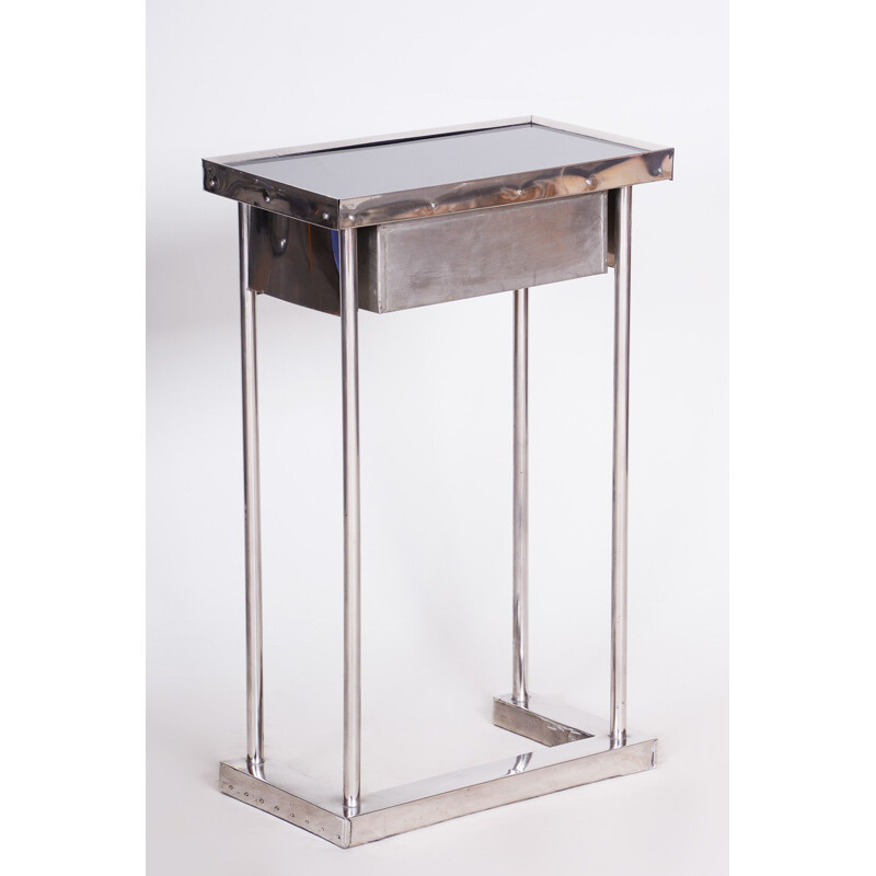 Art Deco vintage console table in chromed steel and darkened glass, 1930s