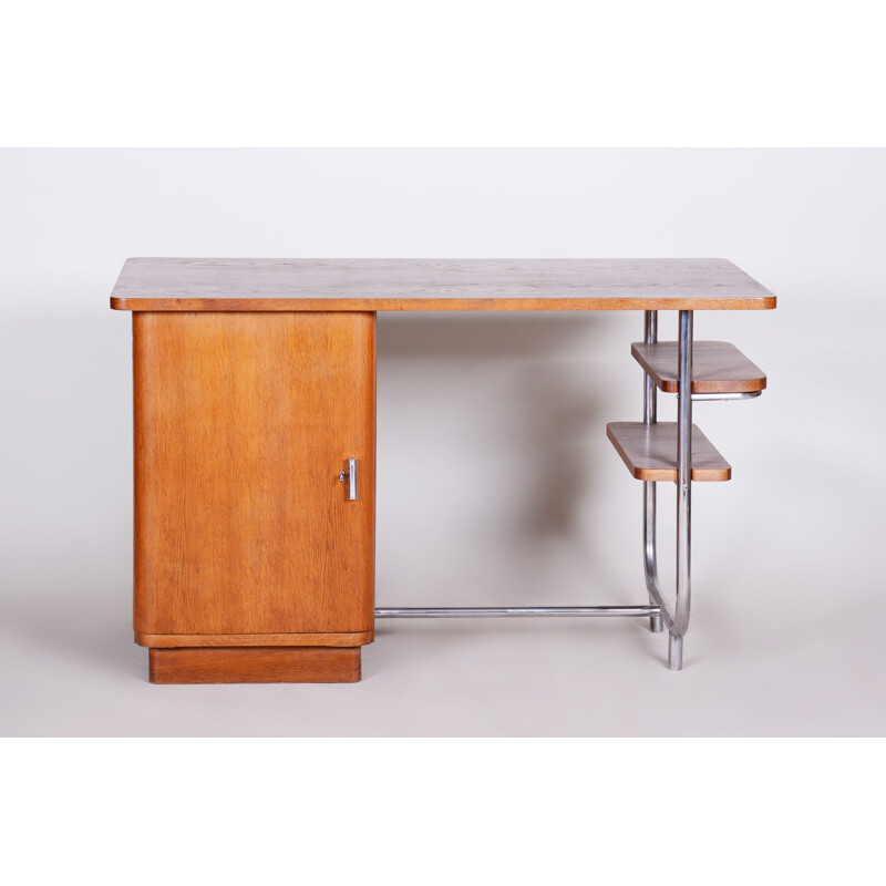 Vintage eiken en chromen bureau van Hynek Gottwald, Tsjechoslowakije 1930