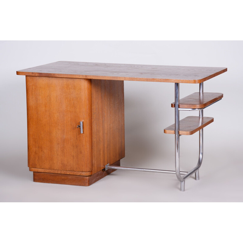 Vintage eiken en chromen bureau van Hynek Gottwald, Tsjechoslowakije 1930