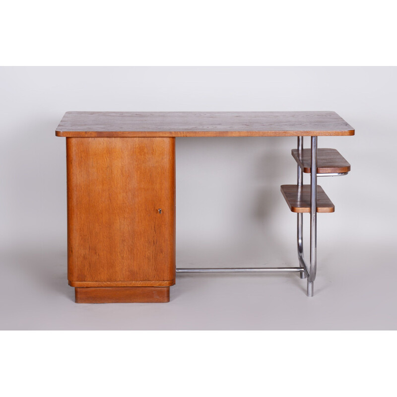 Vintage oak and chrome desk by Hynek Gottwald, Czechoslovakia 1930