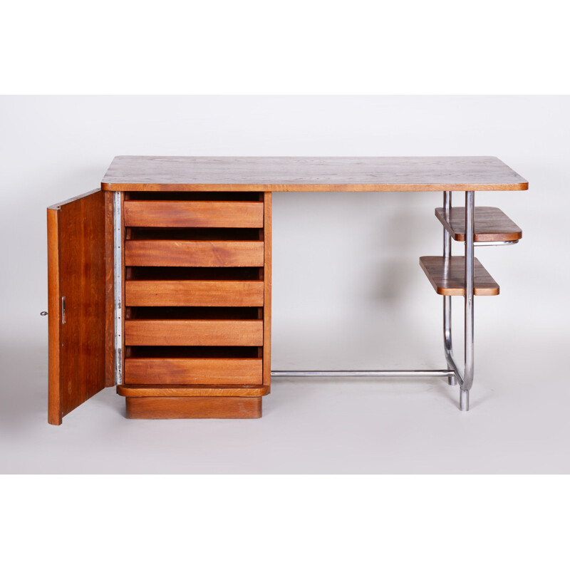 Vintage eiken en chromen bureau van Hynek Gottwald, Tsjechoslowakije 1930