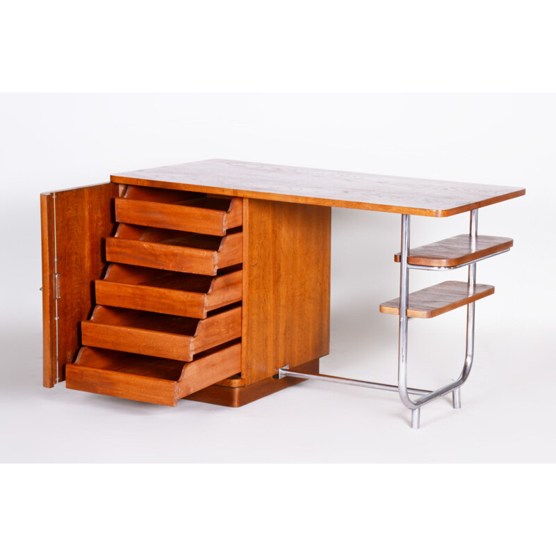 Vintage oak and chrome desk by Hynek Gottwald, Czechoslovakia 1930