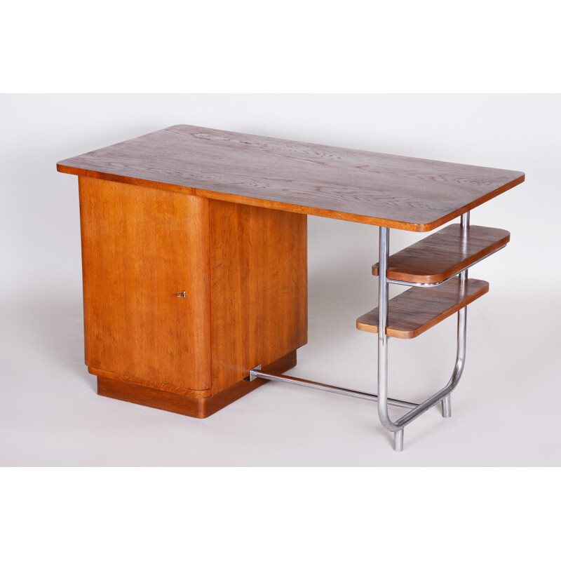 Vintage eiken en chromen bureau van Hynek Gottwald, Tsjechoslowakije 1930