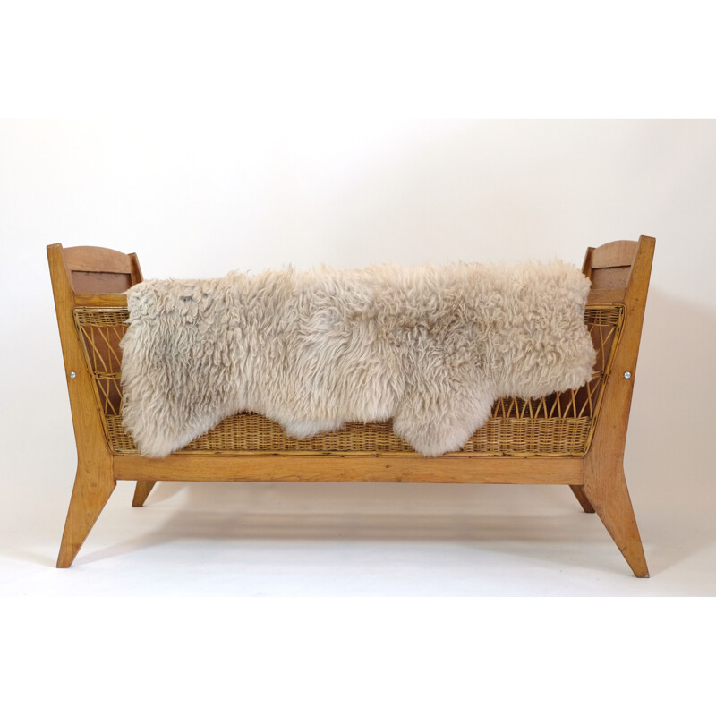 Vintage cradle with wicker decoration, 1960-1970