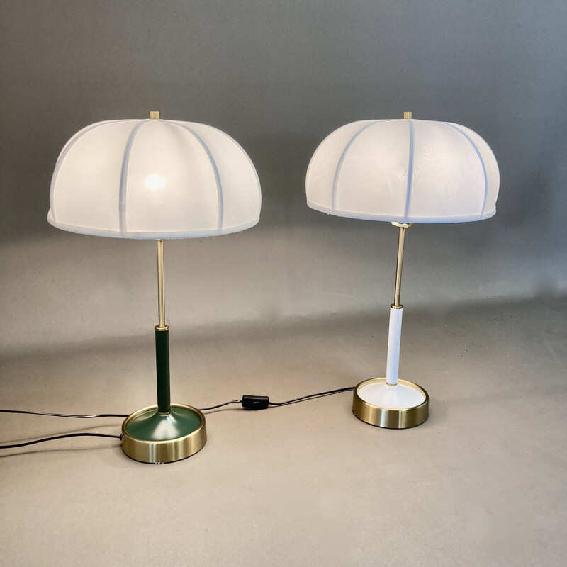 Pair of Scandinavian vintage lamps in metal and silk