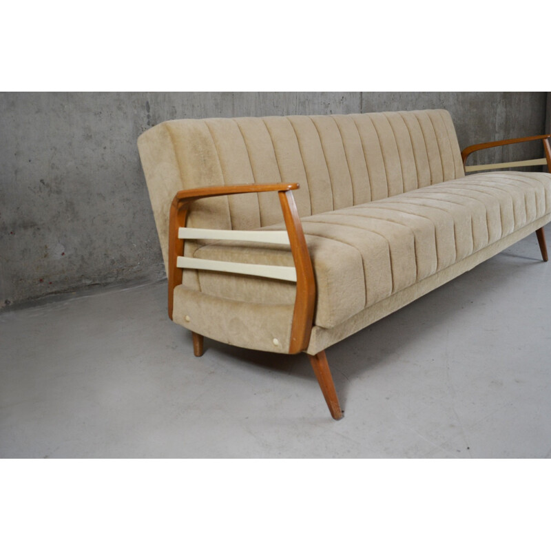 Mid century German convertible 3 seater sofa in light beige velour - 1970s