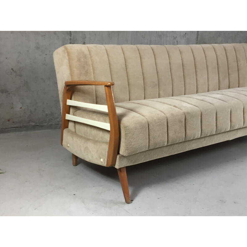 Mid century German convertible 3 seater sofa in light beige velour - 1970s