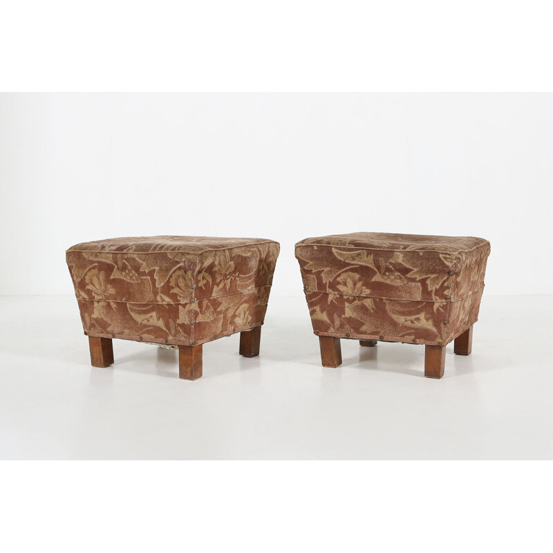Pair of vintage Art Deco poufs in fabric and wood, 1930
