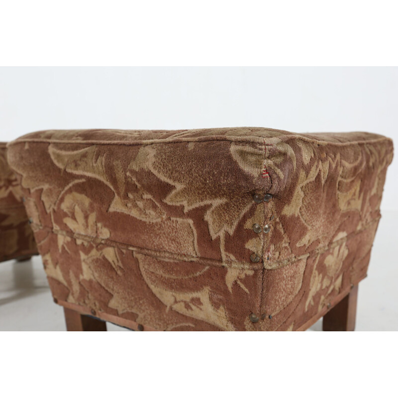 Pair of vintage Art Deco poufs in fabric and wood, 1930