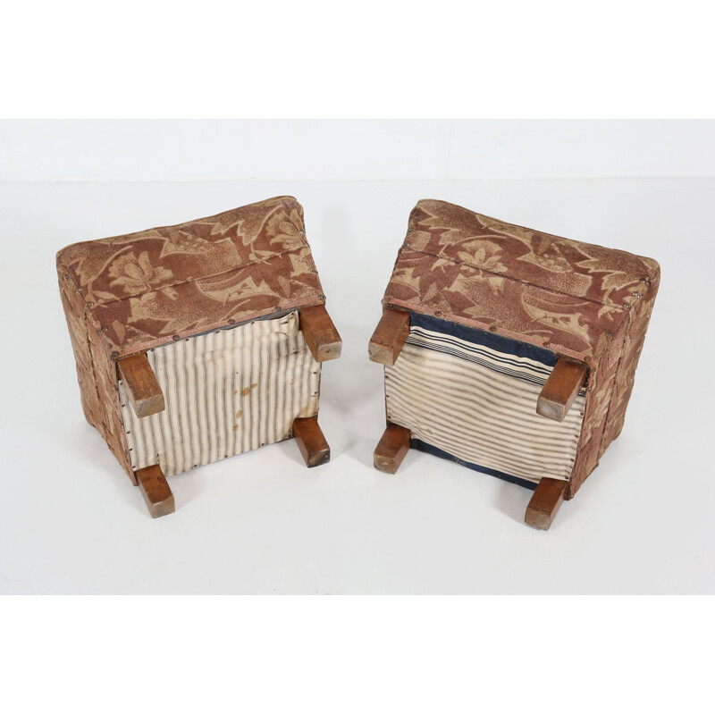 Pair of vintage Art Deco poufs in fabric and wood, 1930