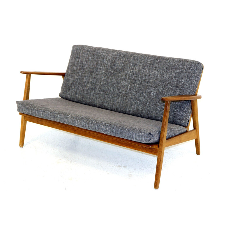 Vintage teak and cotton fabric 2-seater sofa, Sweden 1960