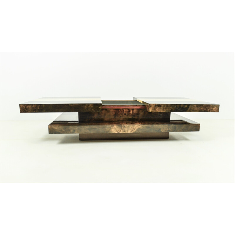 Italian vintage brown two-tiered sliding coffee table with hidden bar by Aldo Tura