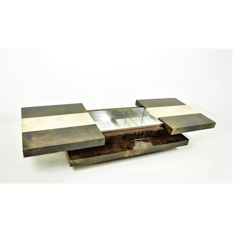 Italian vintage brown two-tiered sliding coffee table with hidden bar by Aldo Tura