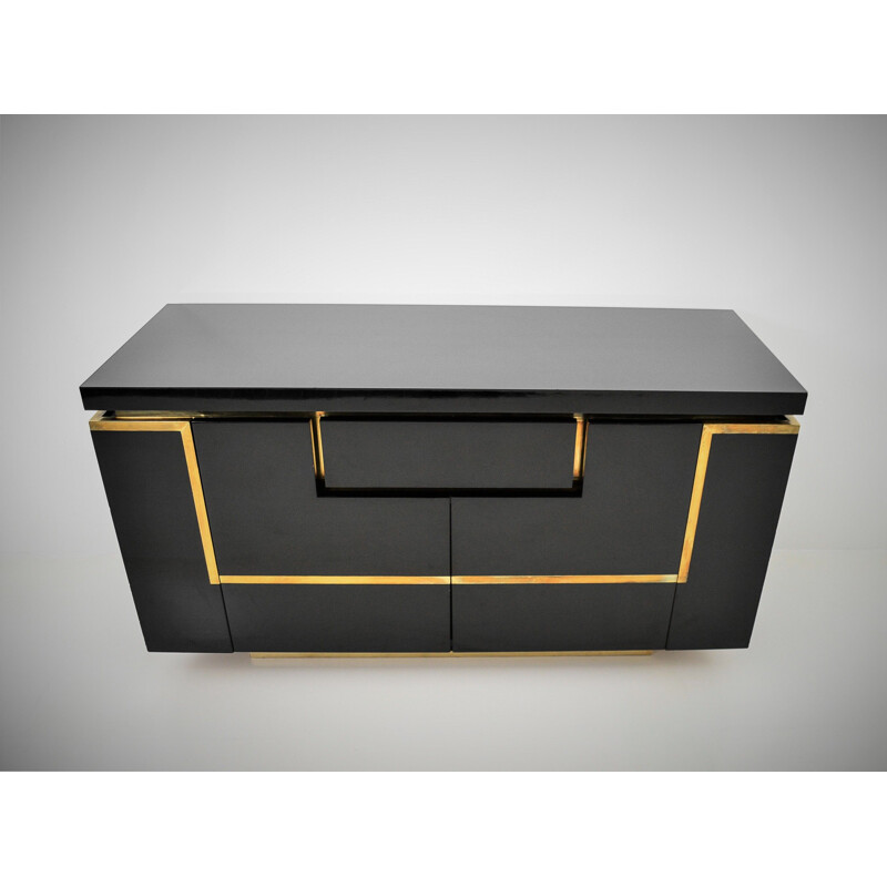 Vintage sideboard in black lacquer and brass by Jean-Claude Mahey for Maison Jansen, 1970s